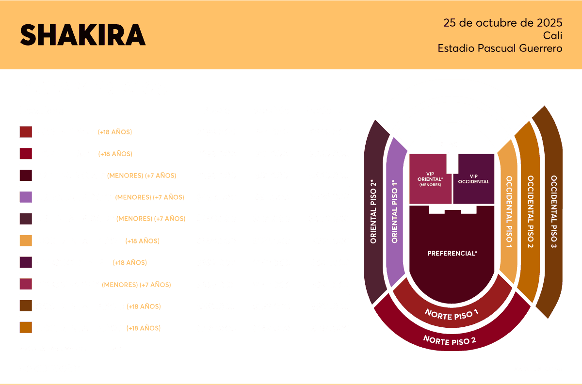 Price chart – Shakira Cali 26 | Las Mujeres Ya No Lloran World Tour