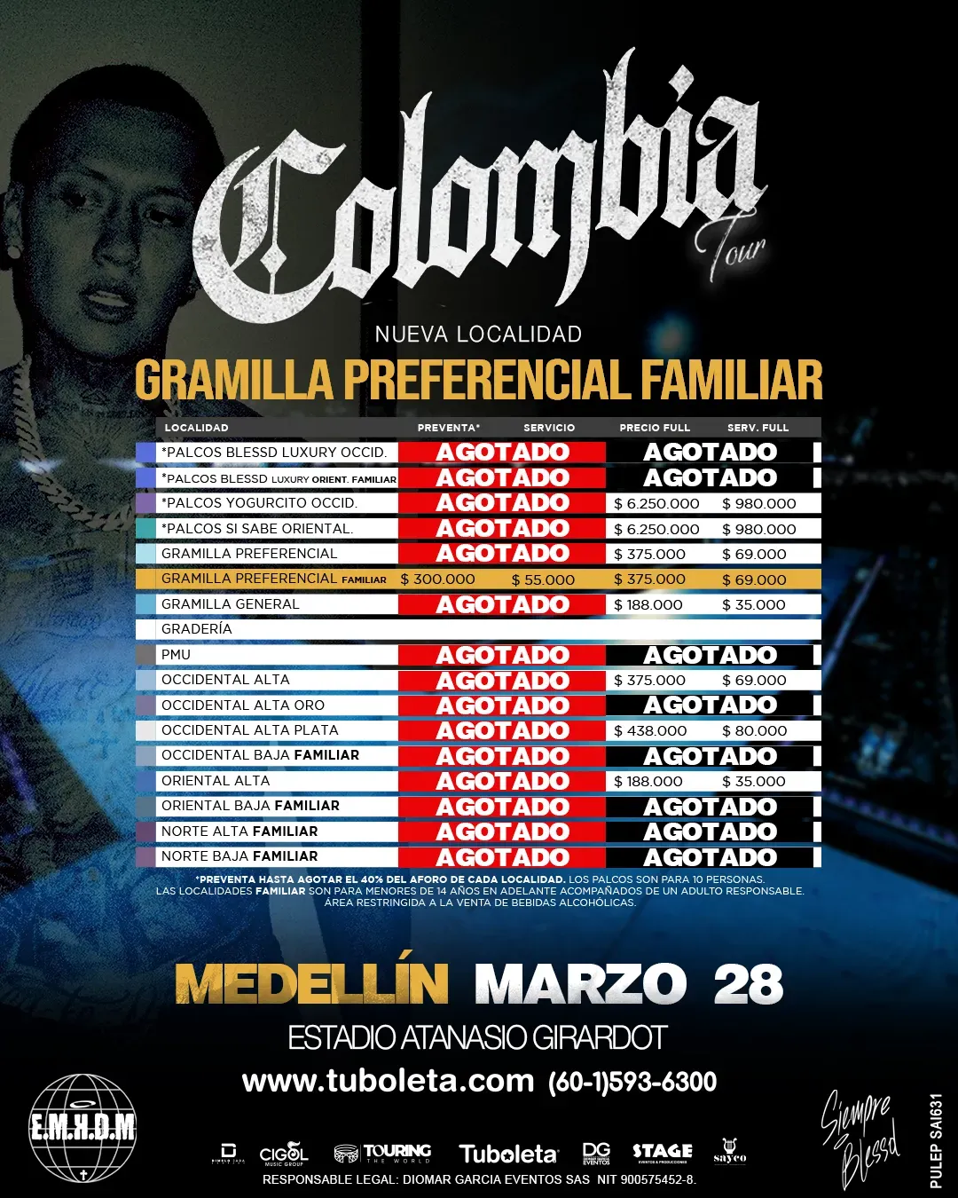BLESSD | EL MEJOR HOMBRE DEL MUNDO TOUR - MEDELLÍN - Price Chart [migrated:https://tuboleta.com/sites/default/files/styles/image_item_1550/public/2026-02/BLESSD%20COL%20POST%2009.jpg.webp?itok=XrL1vXAP]